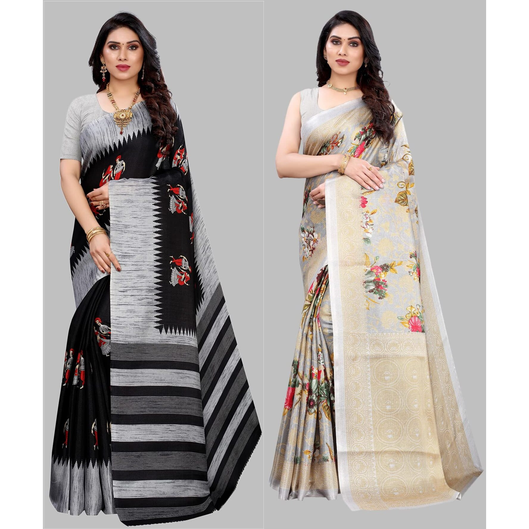 Yashika Women's Combo Art Silk Printed Saree With Blouse Piece Pack Of 2(NAURTA BLACK-PUDINA GREY)