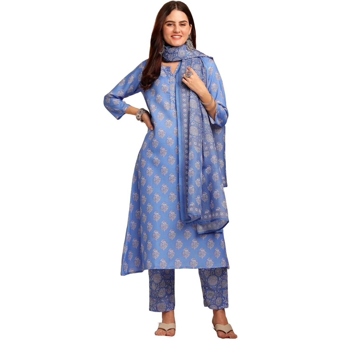 Yashika Women's Cotton Blend Floral Regular Kurta Fashionable Fusion of Comfort Elegance Stay Chic and Comfortable with Our Printed Sets (AZ-YS-P1-KS2087-Parent_Blue_S)