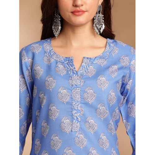 Yashika Women's Cotton Blend Floral Regular Kurta Fashionable Fusion of Comfort Elegance Stay Chic and Comfortable with Our Printed Sets (AZ-YS-P1-KS2087-Parent_Blue_S)