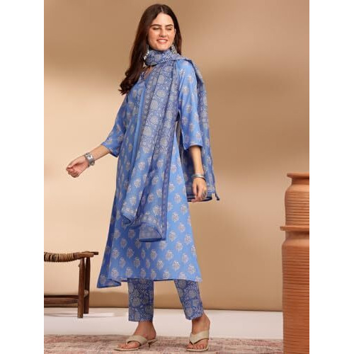 Yashika Women's Cotton Blend Floral Regular Kurta Fashionable Fusion of Comfort Elegance Stay Chic and Comfortable with Our Printed Sets (AZ-YS-P1-KS2087-Parent_Blue_S)