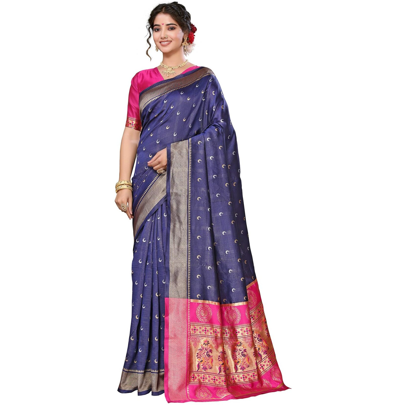 Yashika Women's Banarasi Silk Chandrakor Paithani Saree in Golden Zari Border, Saree with Crescent Moon Motifs and Peacock Design, Includes Unstitched Blouse Material (AZ-YS-P1-CHANDRA NAVY)