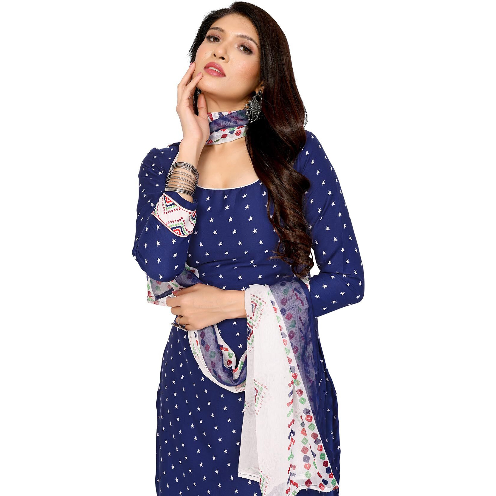 Yashika Women's Printed Dress Material - Unstitched Crepe Fabric Kurti, Pants & Dupatta Set (AZ-YS-P4-HEZAL NAVY)