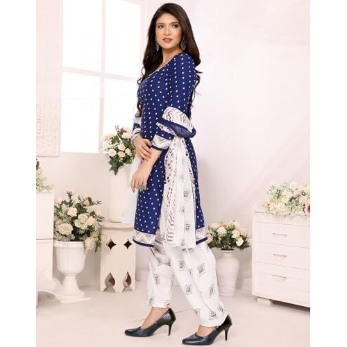 Yashika Women's Printed Dress Material - Unstitched Crepe Fabric Kurti, Pants & Dupatta Set (AZ-YS-P4-HEZAL NAVY)