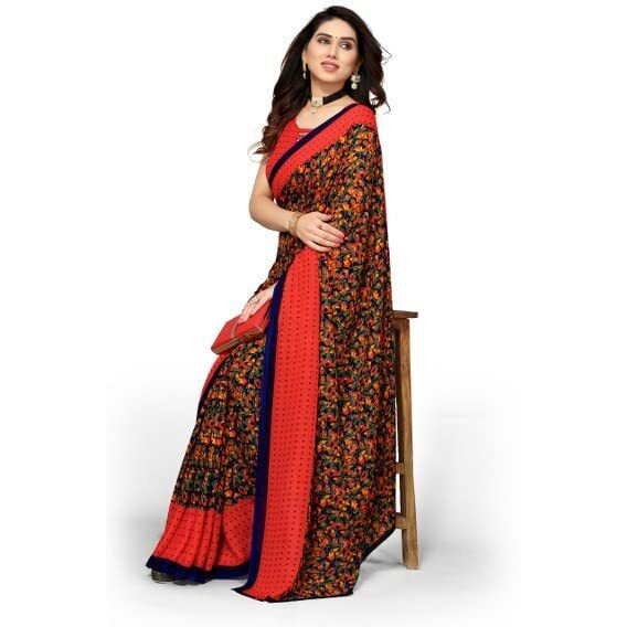 Yashika Womens Georgette Printed Saree With Blouse Piece(NAMRATA RED_N_Free Size)