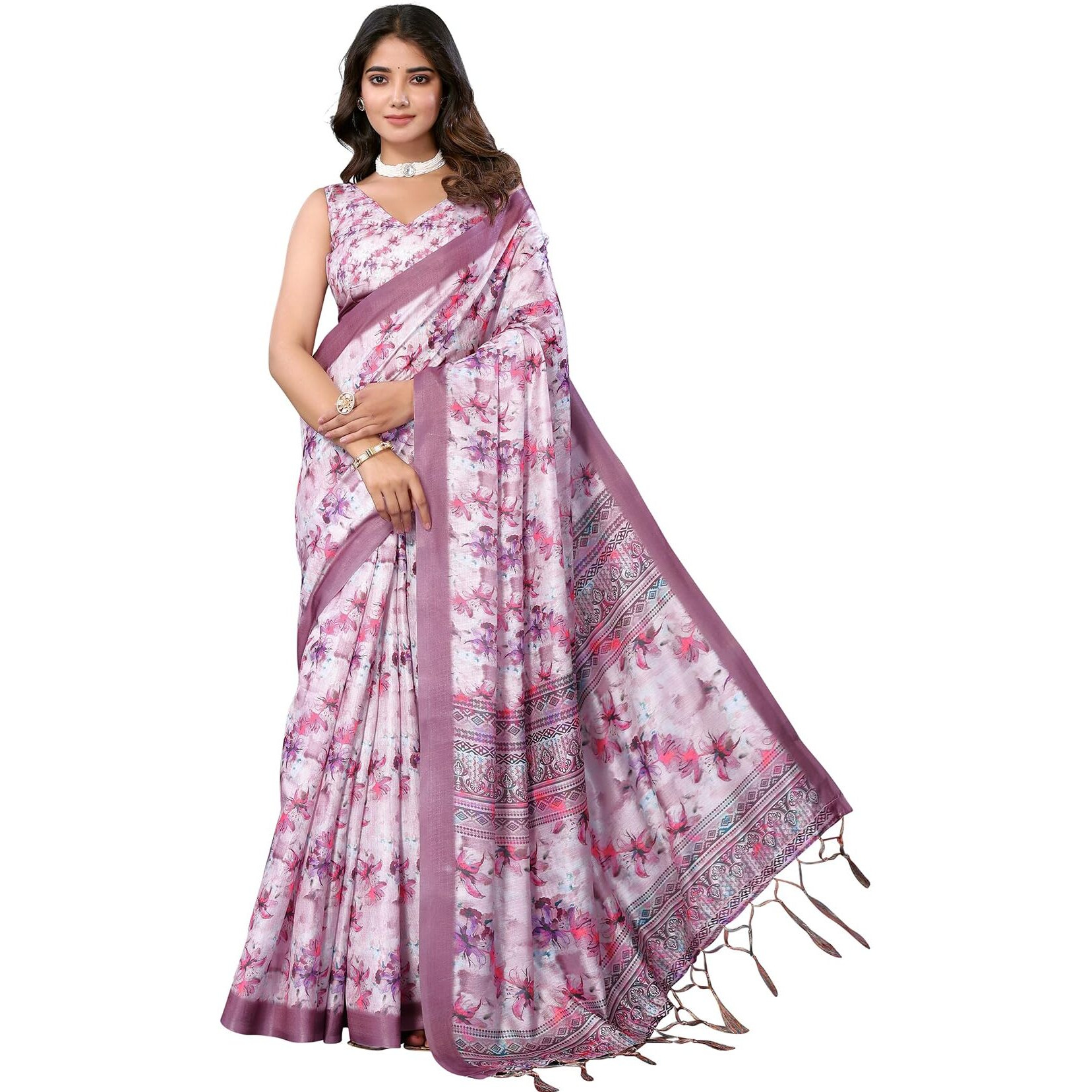 Yashika Women's Digital Print Art Silk Cotton Saree with Tassels and Golden Border - Lightweight and Elegant Ethnic Wear for Festive and Casual Occasions (AZ-YS-P1-PUSHPA 02)