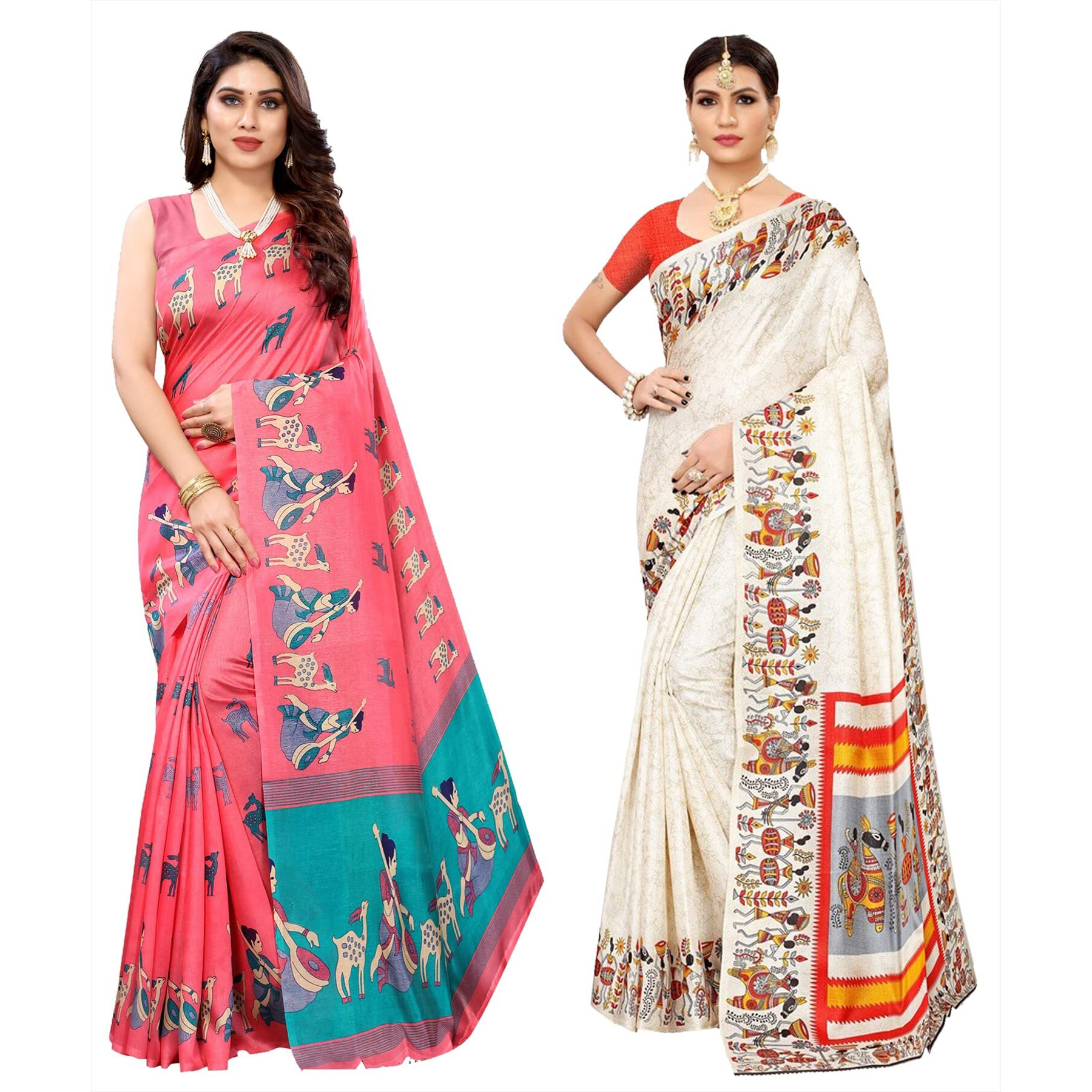 Yashika Women's Combo Art Silk Printed Saree With Blouse Piece Pack Of 2(MAITHALI PINK-VIVO ORANGE)
