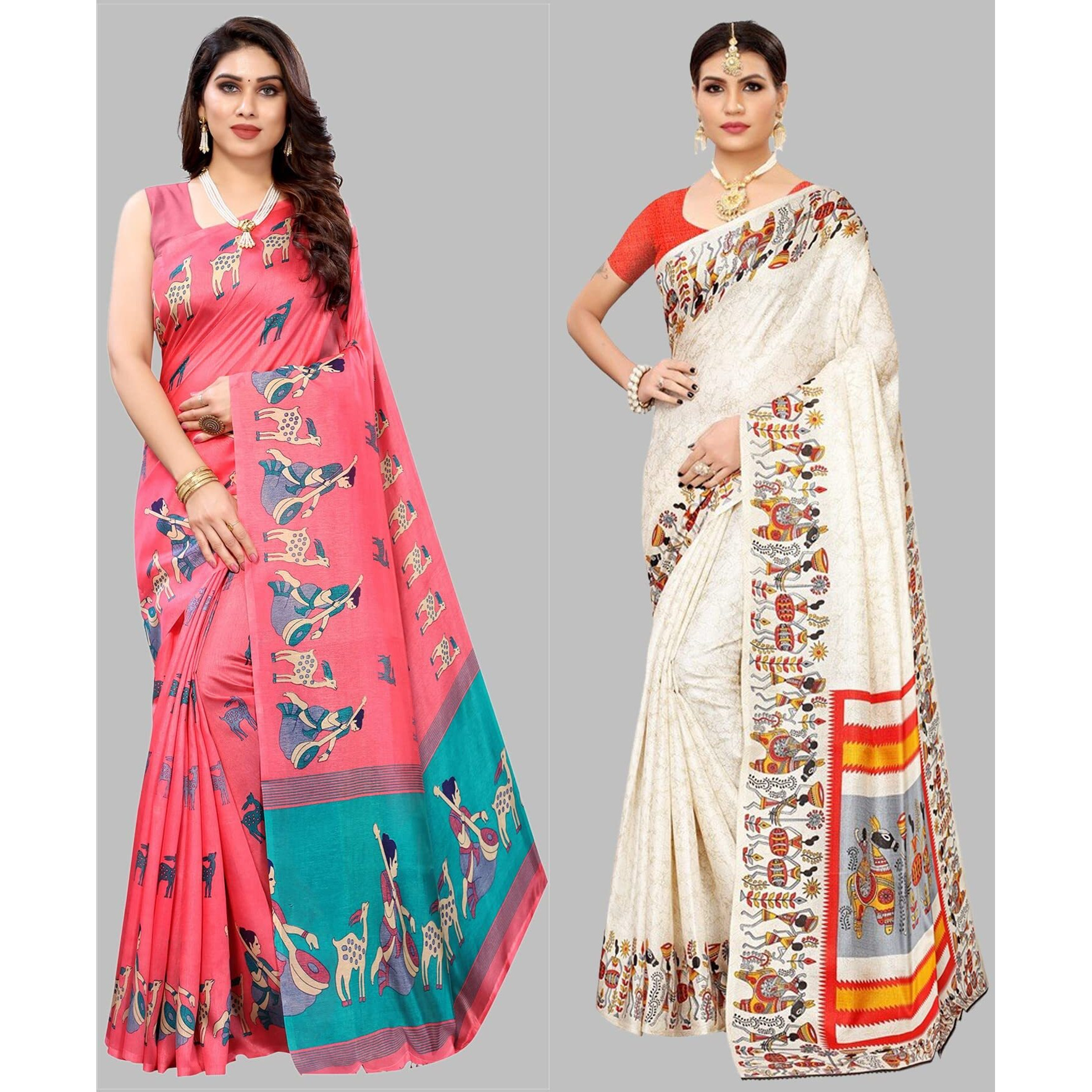 Yashika Women's Combo Art Silk Printed Saree With Blouse Piece Pack Of 2(MAITHALI PINK-VIVO ORANGE)