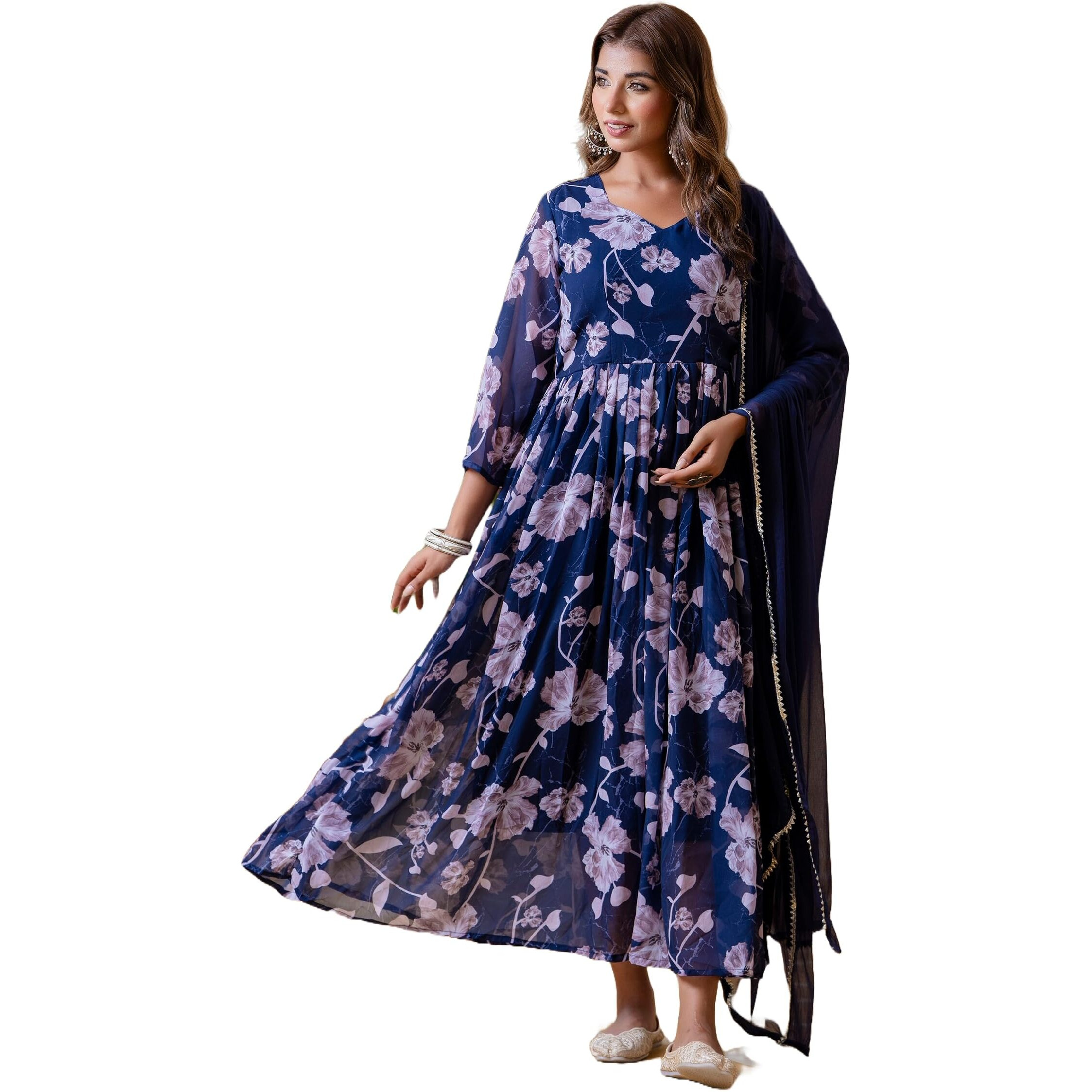 Yashika Women's Regular Kurta Set in Black Floral Color and Georgette Fabric with Only Dupatta (AZ-YS-P1-KS2153-M_Navy Blue