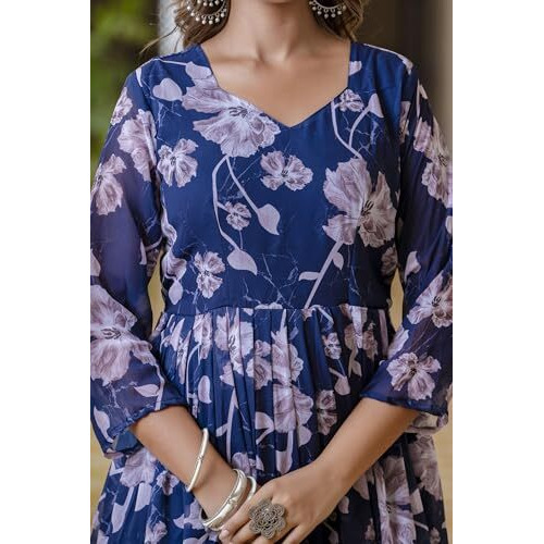 Yashika Women's Regular Kurta Set in Black Floral Color and Georgette Fabric with Only Dupatta (AZ-YS-P1-KS2153-M_Navy Blue