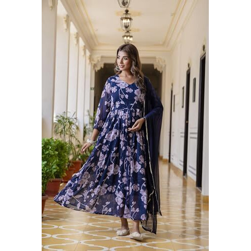Yashika Women's Regular Kurta Set in Black Floral Color and Georgette Fabric with Only Dupatta (AZ-YS-P1-KS2153-M_Navy Blue