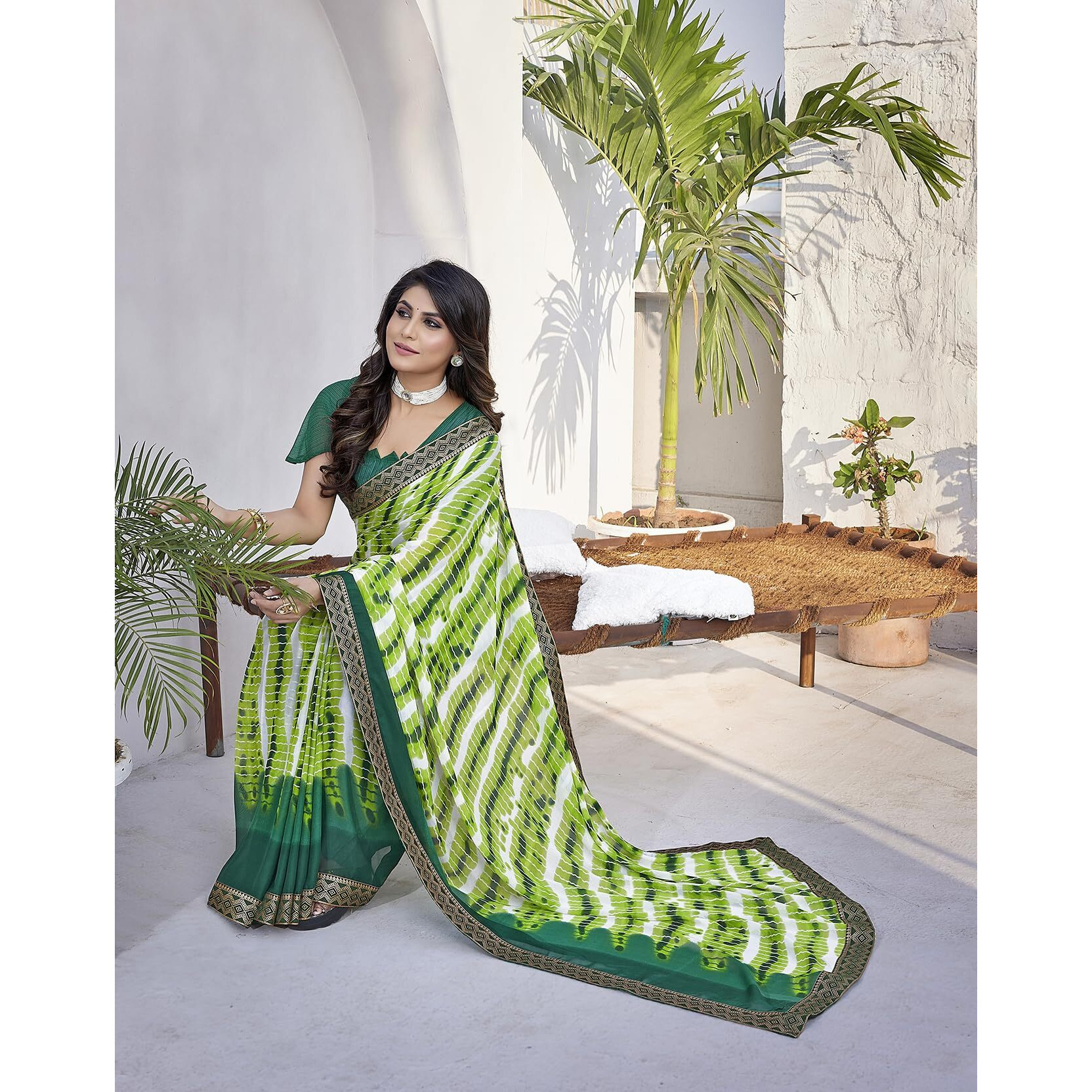 Yashika Women's Beautifull Printed Jacquard Lace Georgette Saree with Blouse Material||Green Coloured Georgette Saree||AZ-YS-P1-STYLISH GREEN