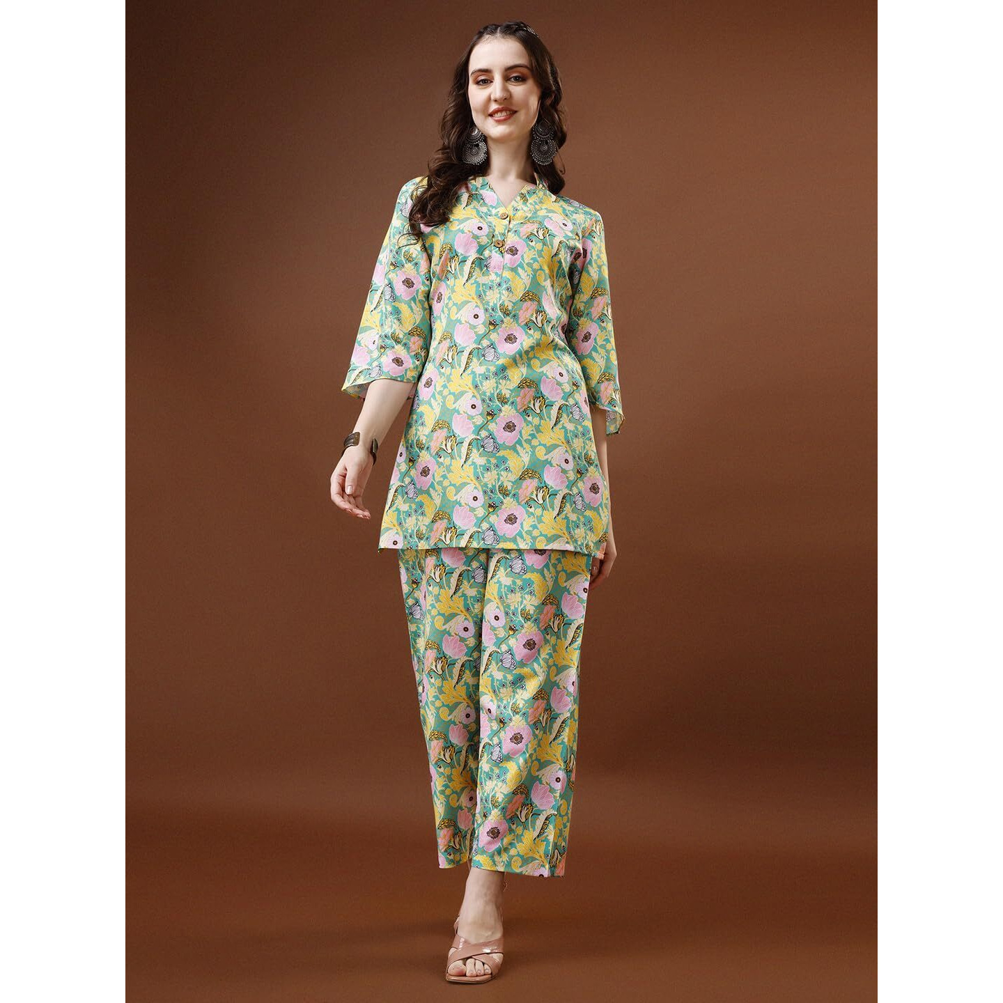 Yashika Women's Cotton Blend Short Floral Kurta Palaazo Set||AZ-YS-P1-KS2075-L Green