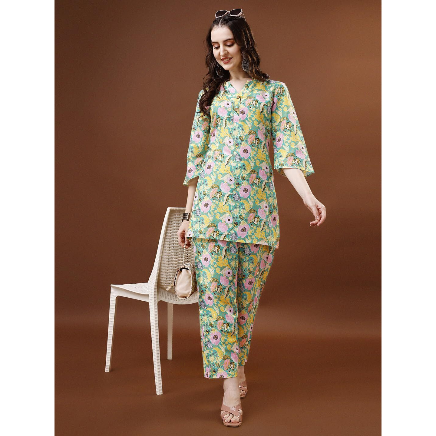 Yashika Women's Cotton Blend Short Floral Kurta Palaazo Set||AZ-YS-P1-KS2075-L Green