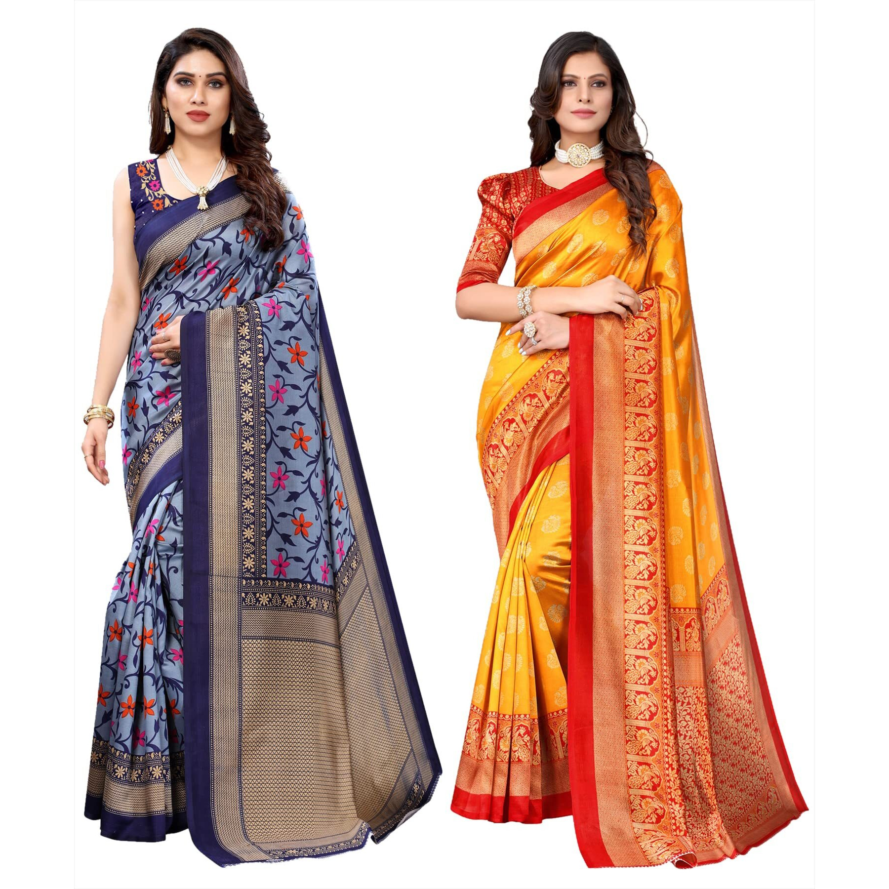 Yashika Women's Combo Art Silk Printed Saree With Blouse Piece Pack Of 2(SWATI NAVY-MINALI MUSTARD)