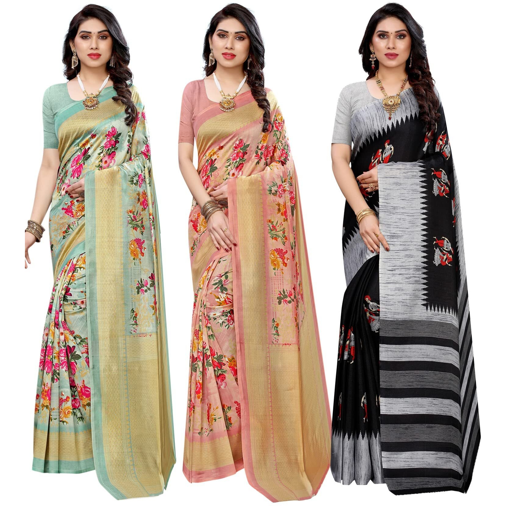 Yashika Women's Combo Art Silk Saree with Blouse Piece-Pack of 3 Light Green-AIR Peach-NAURTA Black Multicolor-02