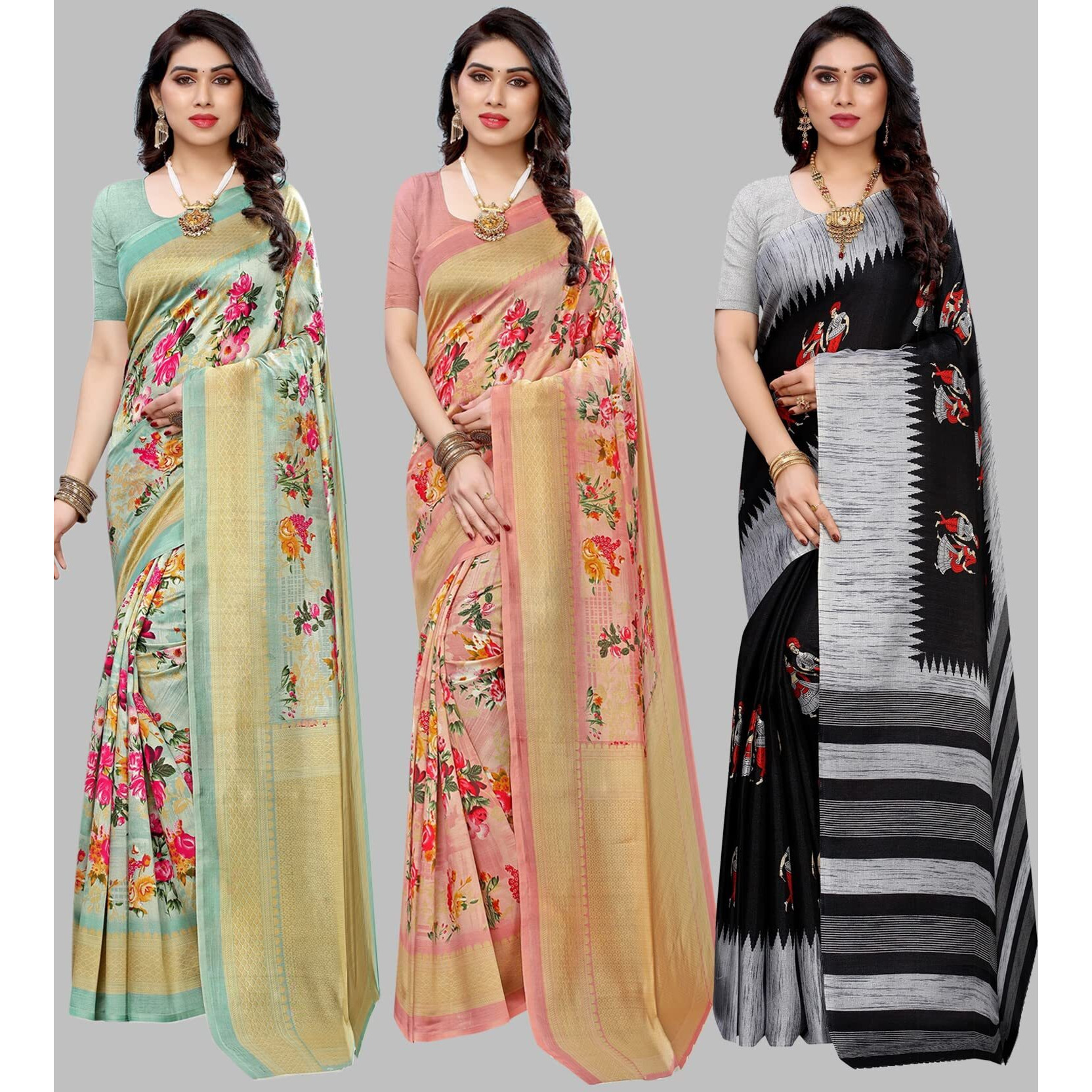 Yashika Women's Combo Art Silk Saree with Blouse Piece-Pack of 3 Light Green-AIR Peach-NAURTA Black Multicolor-02