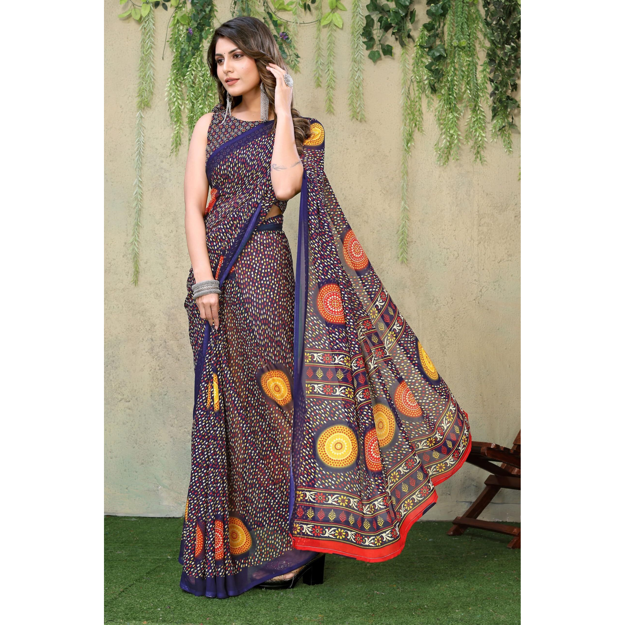 Yashika Women's Trendy Printed Georgette Dark Blue Color Saree with Blouse Material(USMANI NAVY)