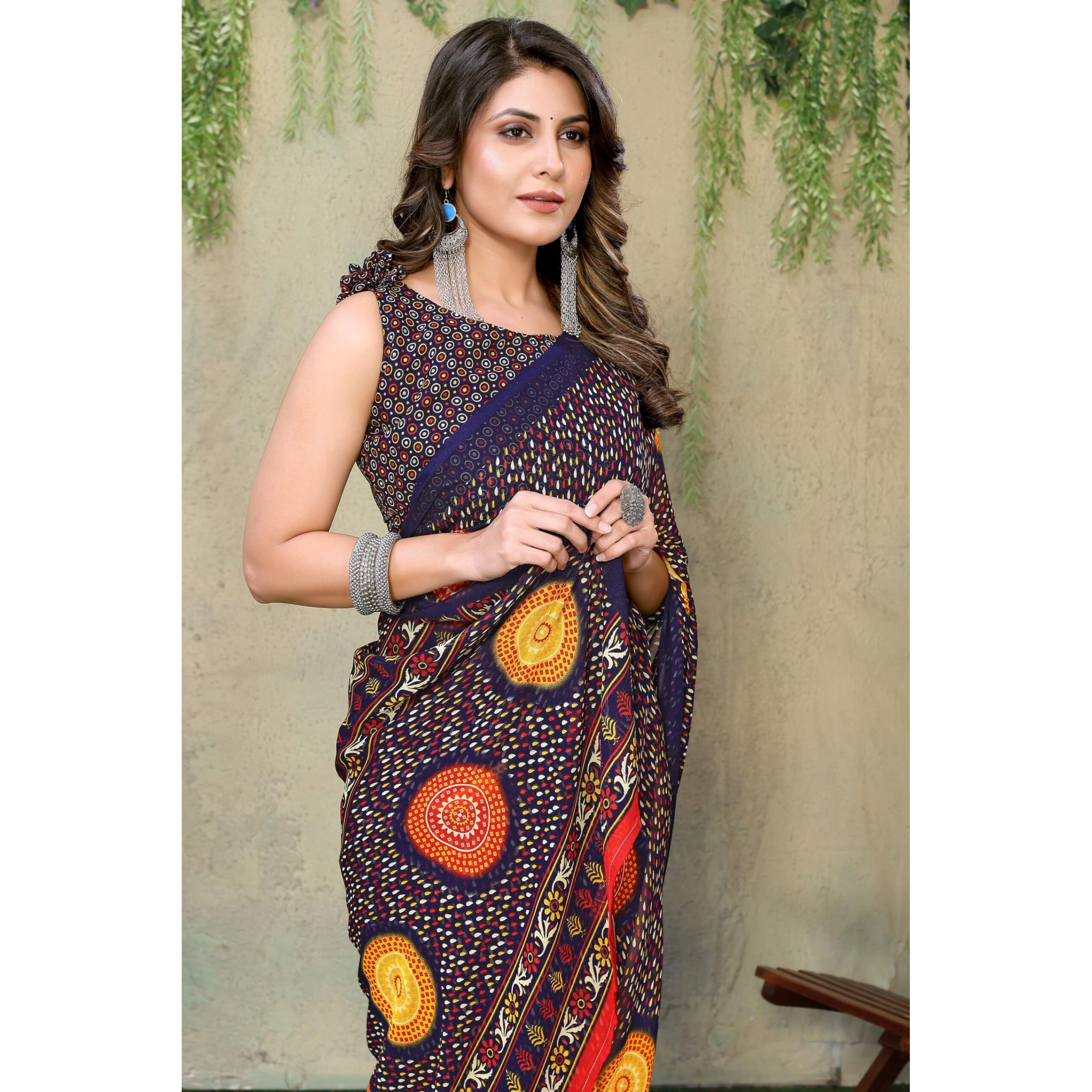 Yashika Women's Trendy Printed Georgette Dark Blue Color Saree with Blouse Material(USMANI NAVY)