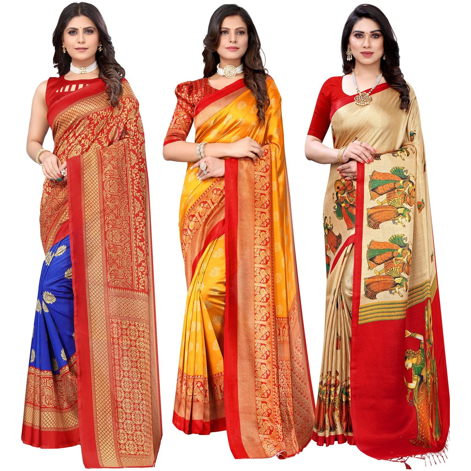 Yashika Women's Combo Art Silk Saree with Blouse Piece-Pack of 3(Metro Royal Blue-MINALI Mustard-RAJARANI CHICKU) RYL BLU-MINLI MSTRD CHIKU_Multicolor-12