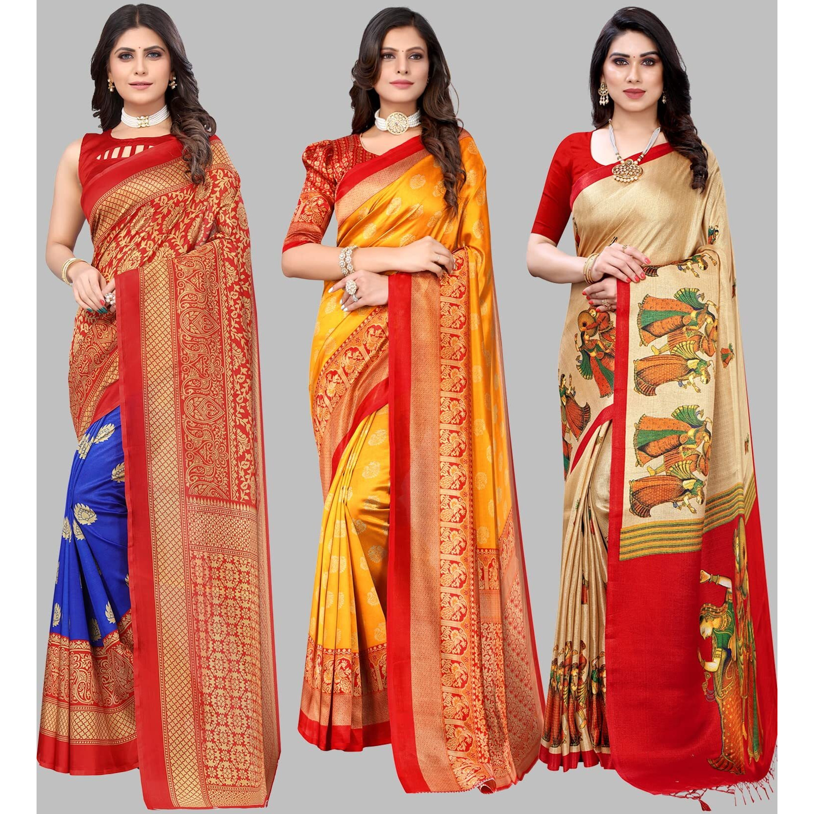 Yashika Women's Combo Art Silk Saree with Blouse Piece-Pack of 3(Metro Royal Blue-MINALI Mustard-RAJARANI CHICKU) RYL BLU-MINLI MSTRD CHIKU_Multicolor-12
