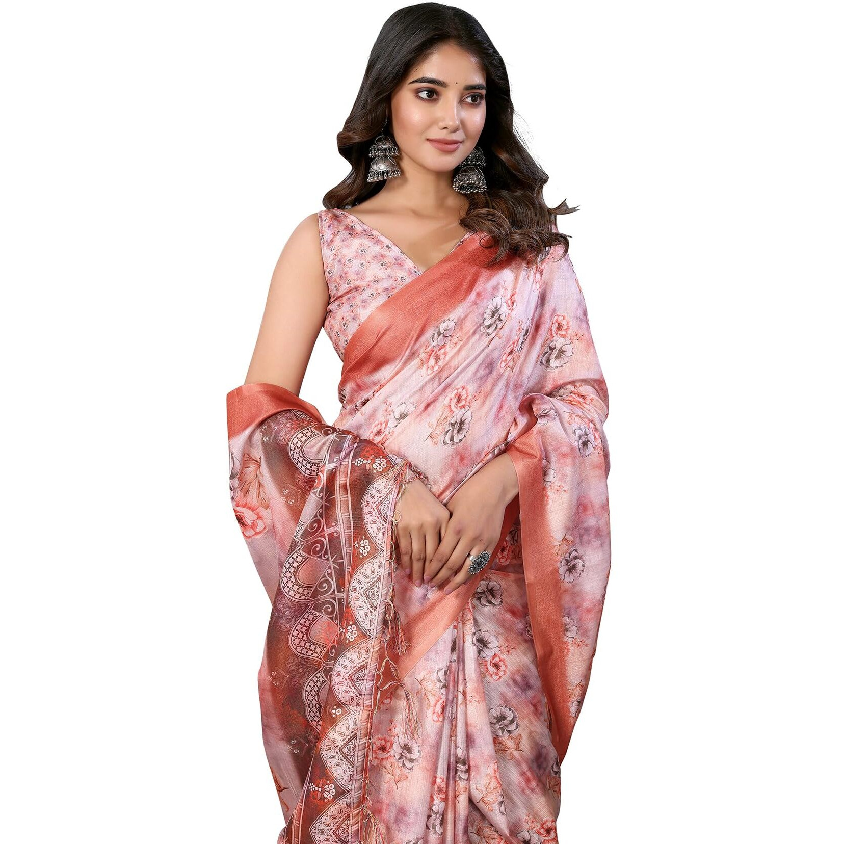 Yashika Women's Digital Print Art Silk Cotton Saree with Tassels and Golden Border - Lightweight and Elegant Ethnic Wear for Festive and Casual Occasions (AZ-YS-P3-PUSHPA 08)