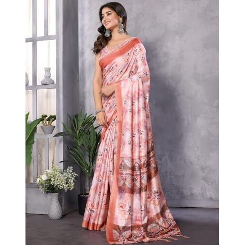 Yashika Women's Digital Print Art Silk Cotton Saree with Tassels and Golden Border - Lightweight and Elegant Ethnic Wear for Festive and Casual Occasions (AZ-YS-P3-PUSHPA 08)