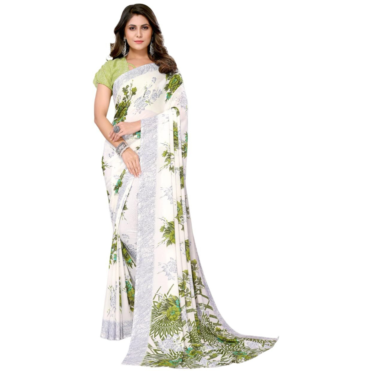 Yashika Women's Trendy Printed Georgette Pista Color Saree with Blouse Material(NUTAN PISTA)