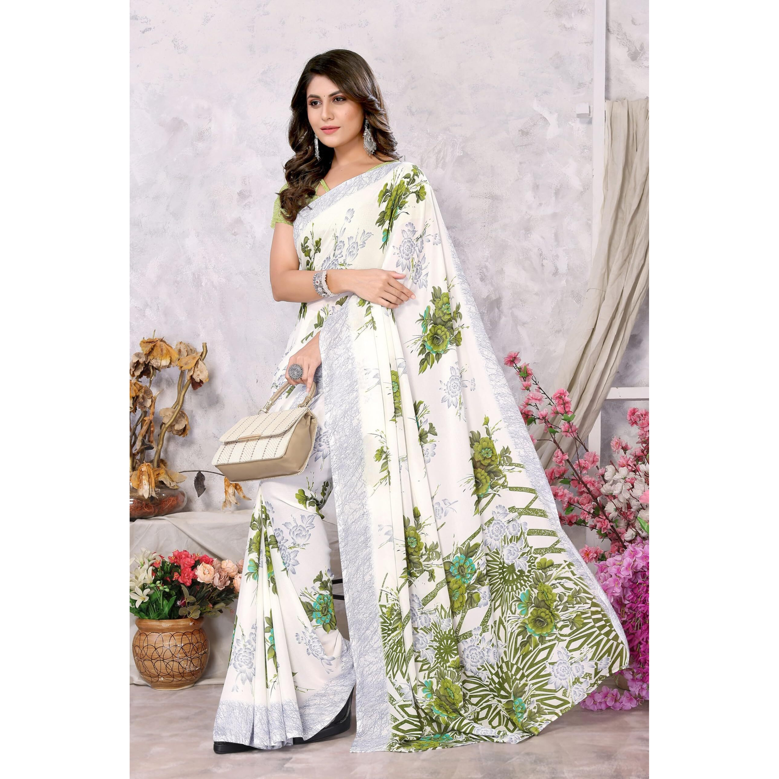 Yashika Women's Trendy Printed Georgette Pista Color Saree with Blouse Material(NUTAN PISTA)