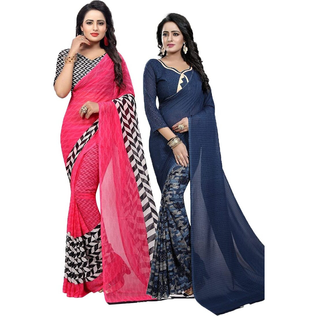 Yashika Women's Pure Georgette Saree Combo (PIKU Pink_Half Ink_Grey)