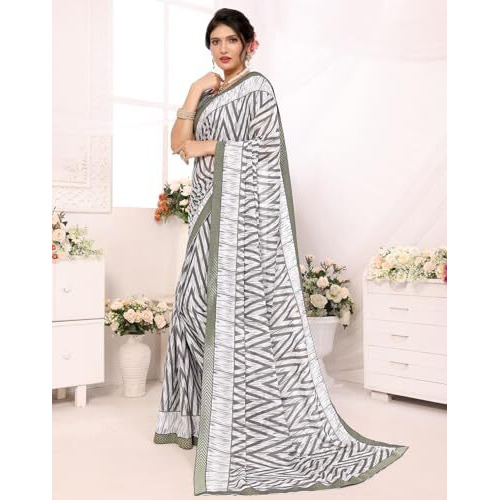 Yashika Women's Plain Zigzag Print Georgette Saree with Lace and Unstitched Blouse Material (AZ-YS-P1-ANSHIKA Grey-New