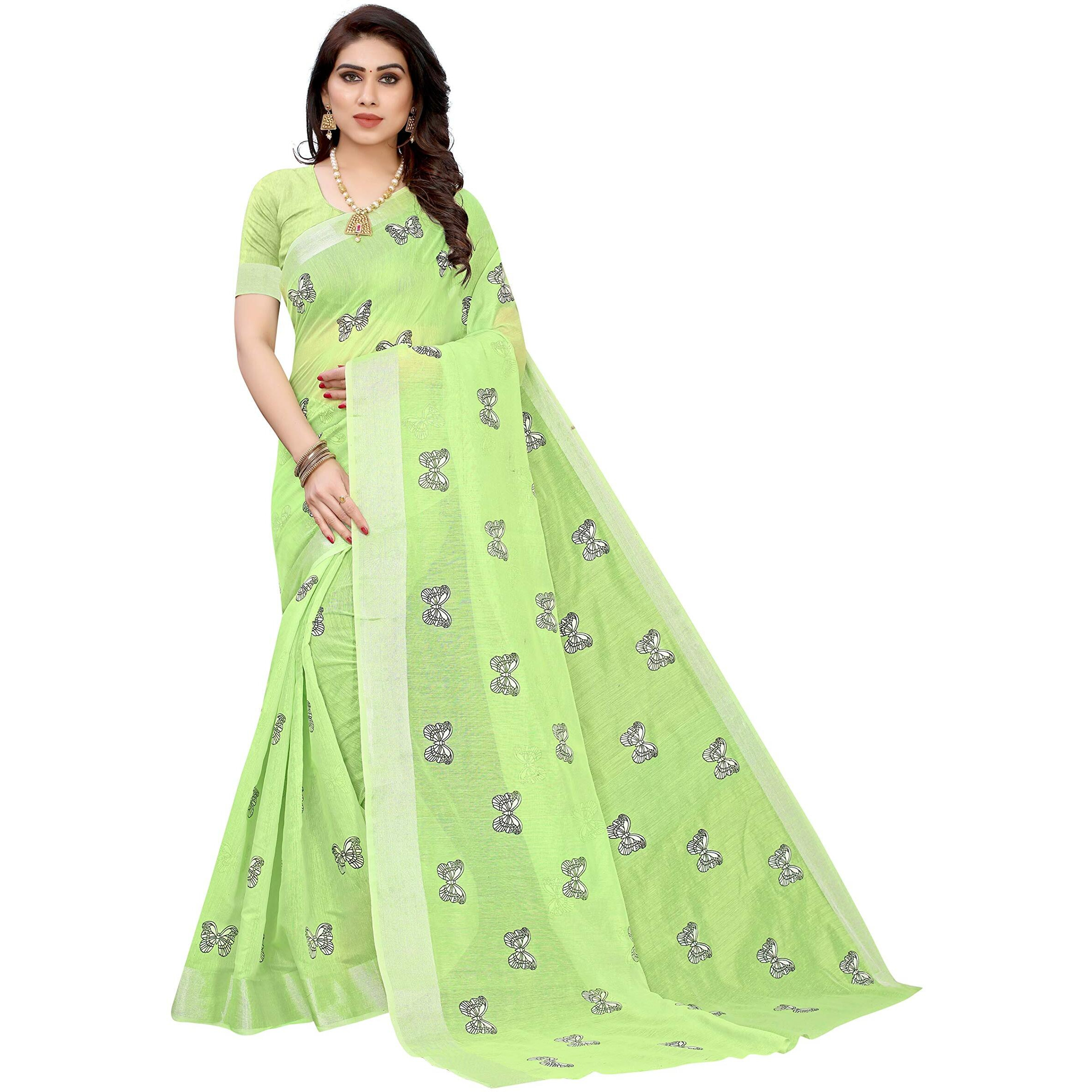 Yashika Women's Chanderi Cotton Saree With Blouse Piece(TITALEE PISTA_Free Size)