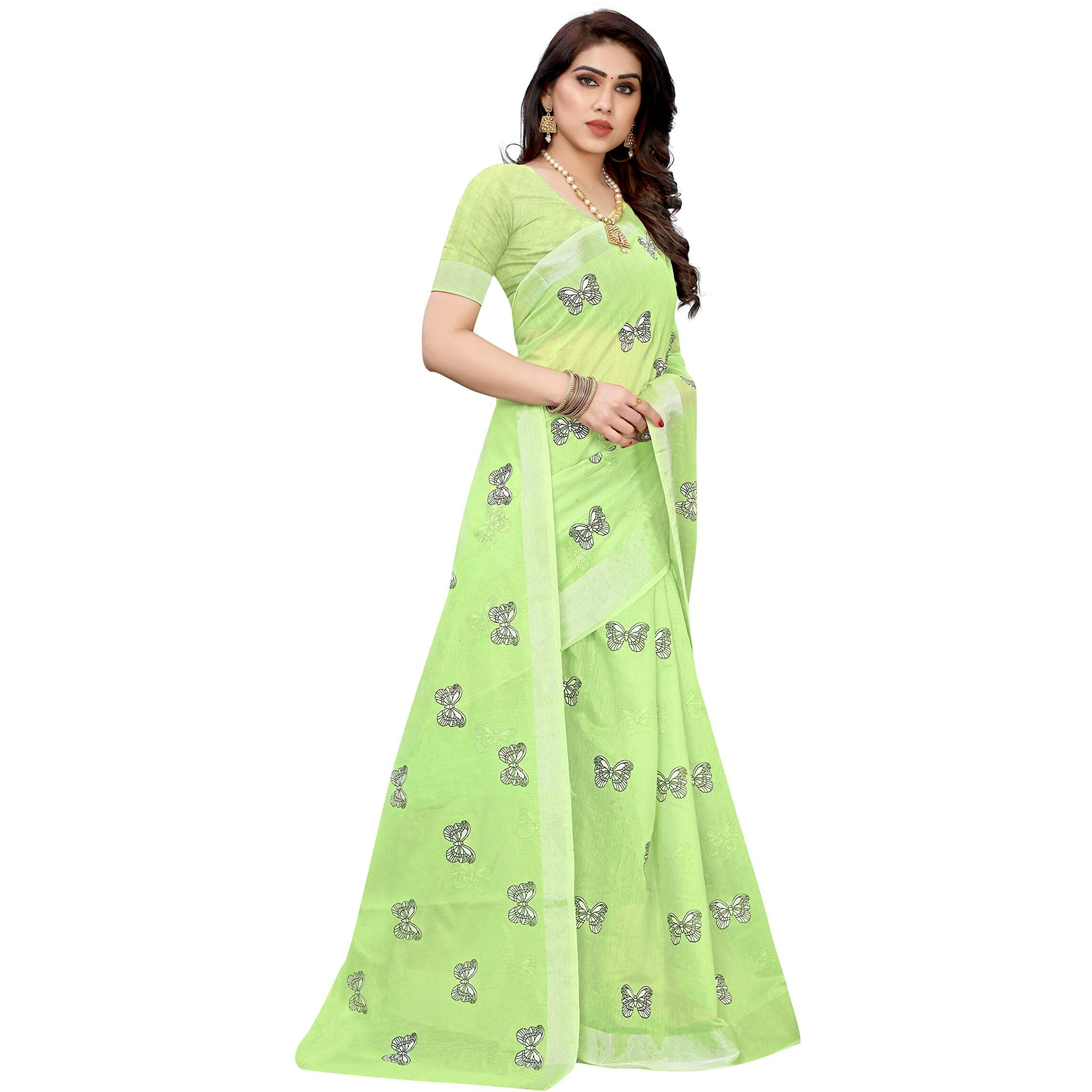 Yashika Women's Chanderi Cotton Saree With Blouse Piece(TITALEE PISTA_Free Size)