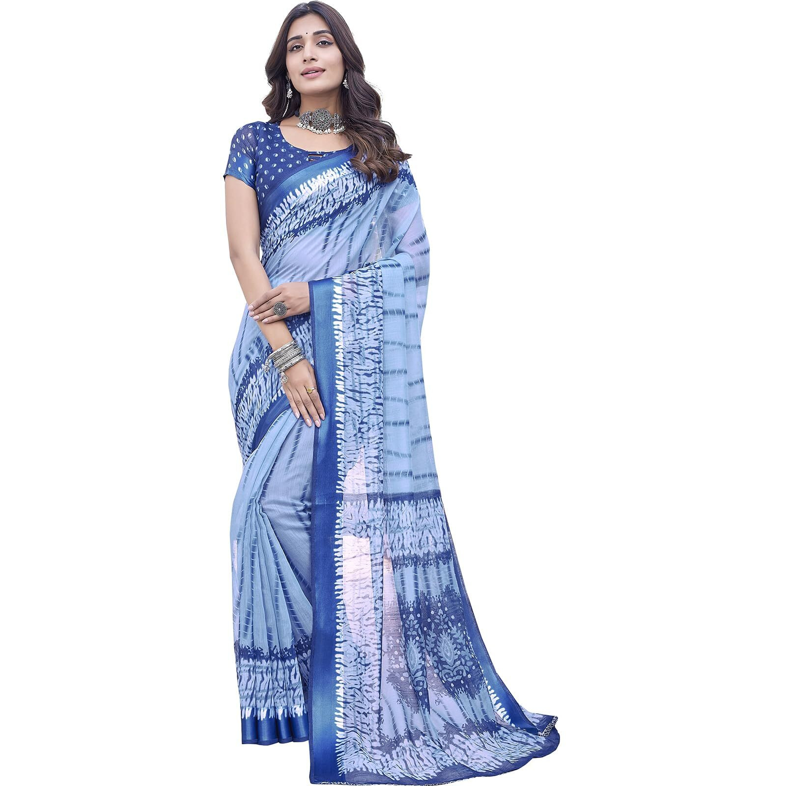 Yashika Women's Stylish Linen Blend Saree Set with Matching Blouse Material - Elevate Your Fashion Statement (AZ-YS-P1-KALAVATI BLUE)
