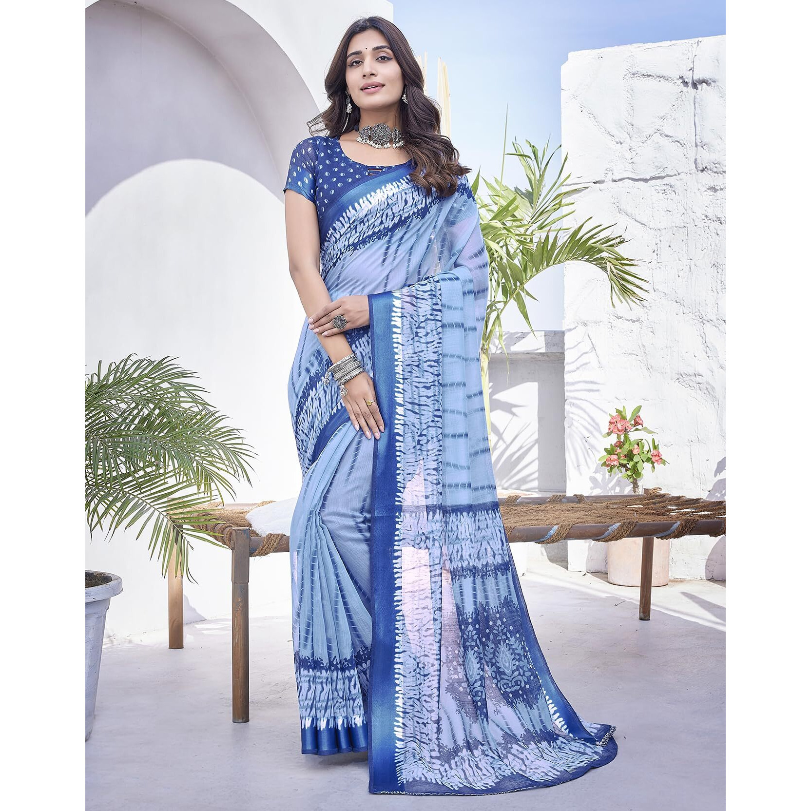 Yashika Women's Stylish Linen Blend Saree Set with Matching Blouse Material - Elevate Your Fashion Statement (AZ-YS-P1-KALAVATI BLUE)
