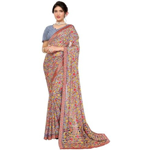 Yashika Women's Plain Floral Print Georgette Saree with Lace and Unstitched Blouse Material (AZ-YS-P1-NISHI Grey-New
