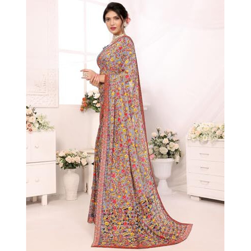 Yashika Women's Plain Floral Print Georgette Saree with Lace and Unstitched Blouse Material (AZ-YS-P1-NISHI Grey-New