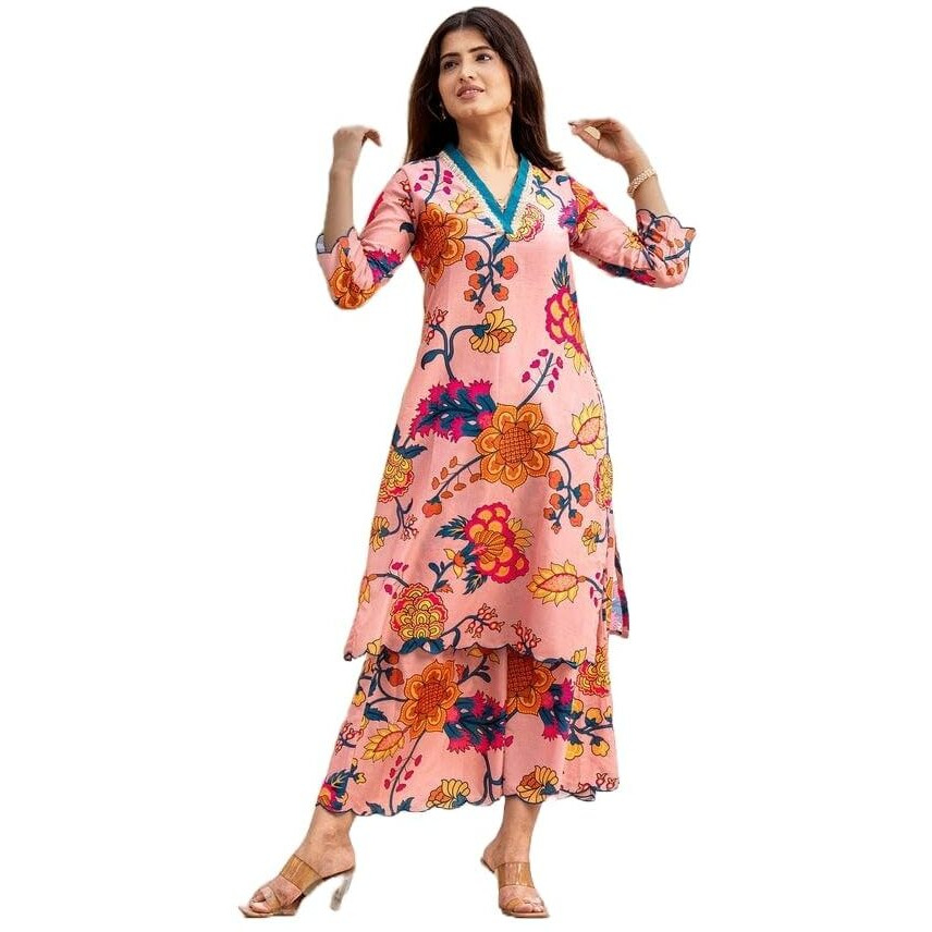 Yashika Women's Cotton Blend Floral Regular Kurta Your Passport to Effortless Chic Step into Ethnic Glamour with Our Printed Kurti Pant Sets (AZ-YS-OG-KS2146-Parent_Pink_M)