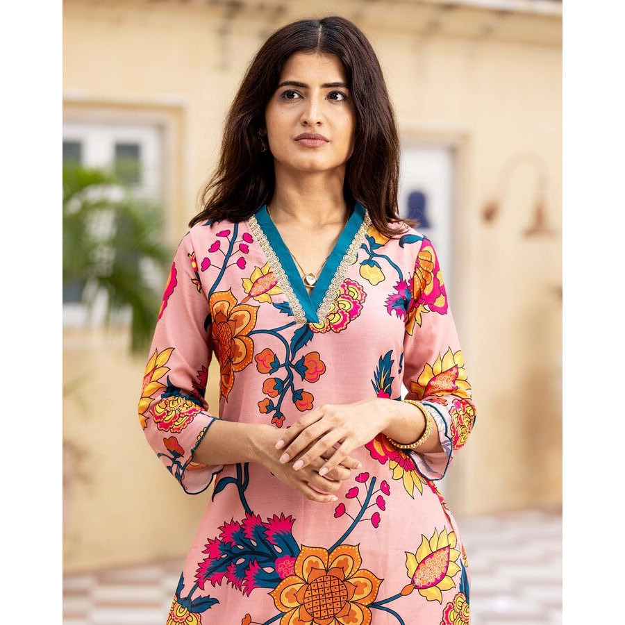 Yashika Women's Cotton Blend Floral Regular Kurta Your Passport to Effortless Chic Step into Ethnic Glamour with Our Printed Kurti Pant Sets (AZ-YS-OG-KS2146-Parent_Pink_M)