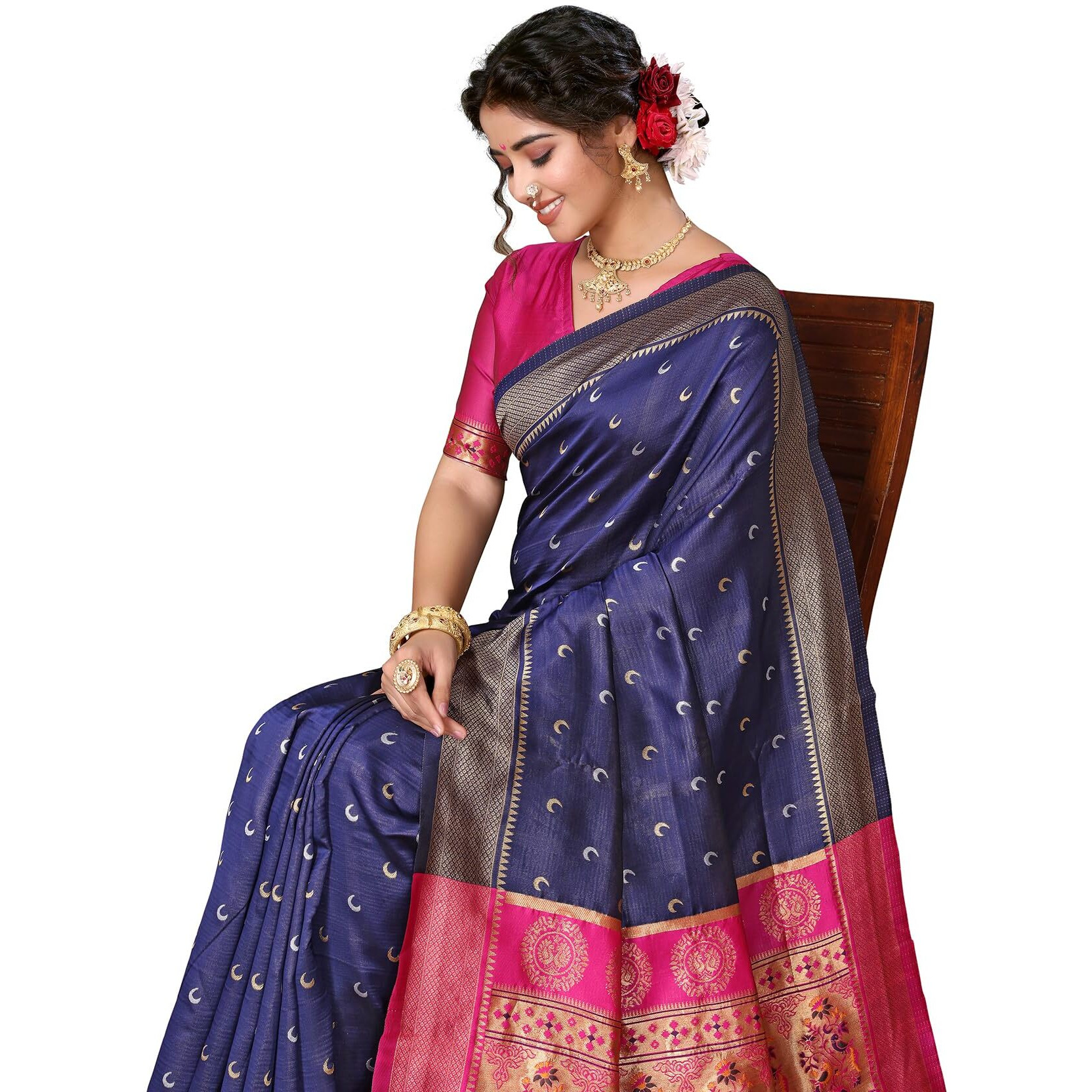Yashika Women's Banarasi Silk Chandrakor Paithani Saree in Golden Zari Border, Saree with Crescent Moon Motifs and Peacock Design, Includes Unstitched Blouse Material (AZ-YS-P3-CHANDRA NAVY)