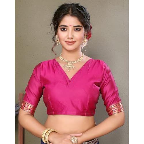 Yashika Women's Banarasi Silk Chandrakor Paithani Saree in Golden Zari Border, Saree with Crescent Moon Motifs and Peacock Design, Includes Unstitched Blouse Material (AZ-YS-P3-CHANDRA NAVY)