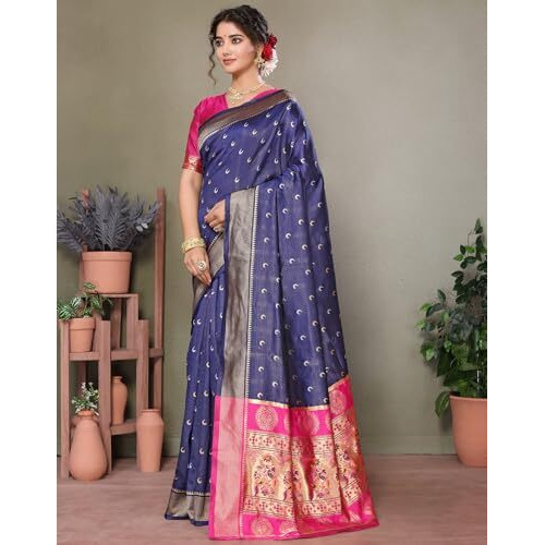 Yashika Women's Banarasi Silk Chandrakor Paithani Saree in Golden Zari Border, Saree with Crescent Moon Motifs and Peacock Design, Includes Unstitched Blouse Material (AZ-YS-P3-CHANDRA NAVY)