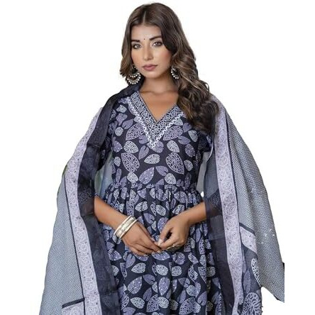 Yashika Women's Regular Printed Cotton Blend Lace A-Line Kurta Pant Dupatta Set-Ethnic Elegance for Every Occasion Experience Comfort and Style with This Stunning Ensemble (AZ-YS-P7-KS2122-S_Black