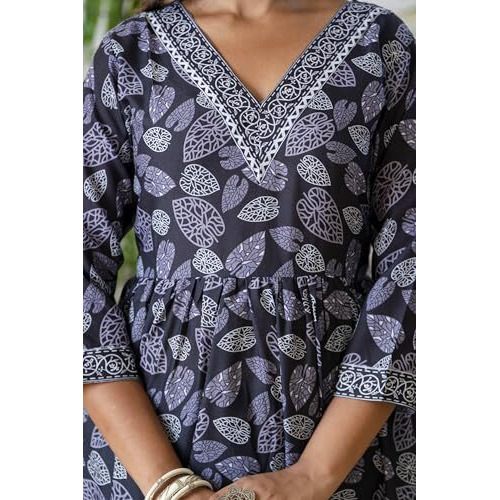Yashika Women's Regular Printed Cotton Blend Lace A-Line Kurta Pant Dupatta Set-Ethnic Elegance for Every Occasion Experience Comfort and Style with This Stunning Ensemble (AZ-YS-P7-KS2122-S_Black