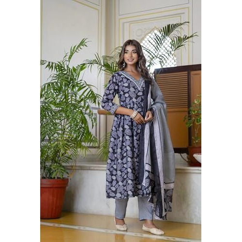 Yashika Women's Regular Printed Cotton Blend Lace A-Line Kurta Pant Dupatta Set-Ethnic Elegance for Every Occasion Experience Comfort and Style with This Stunning Ensemble (AZ-YS-P7-KS2122-S_Black