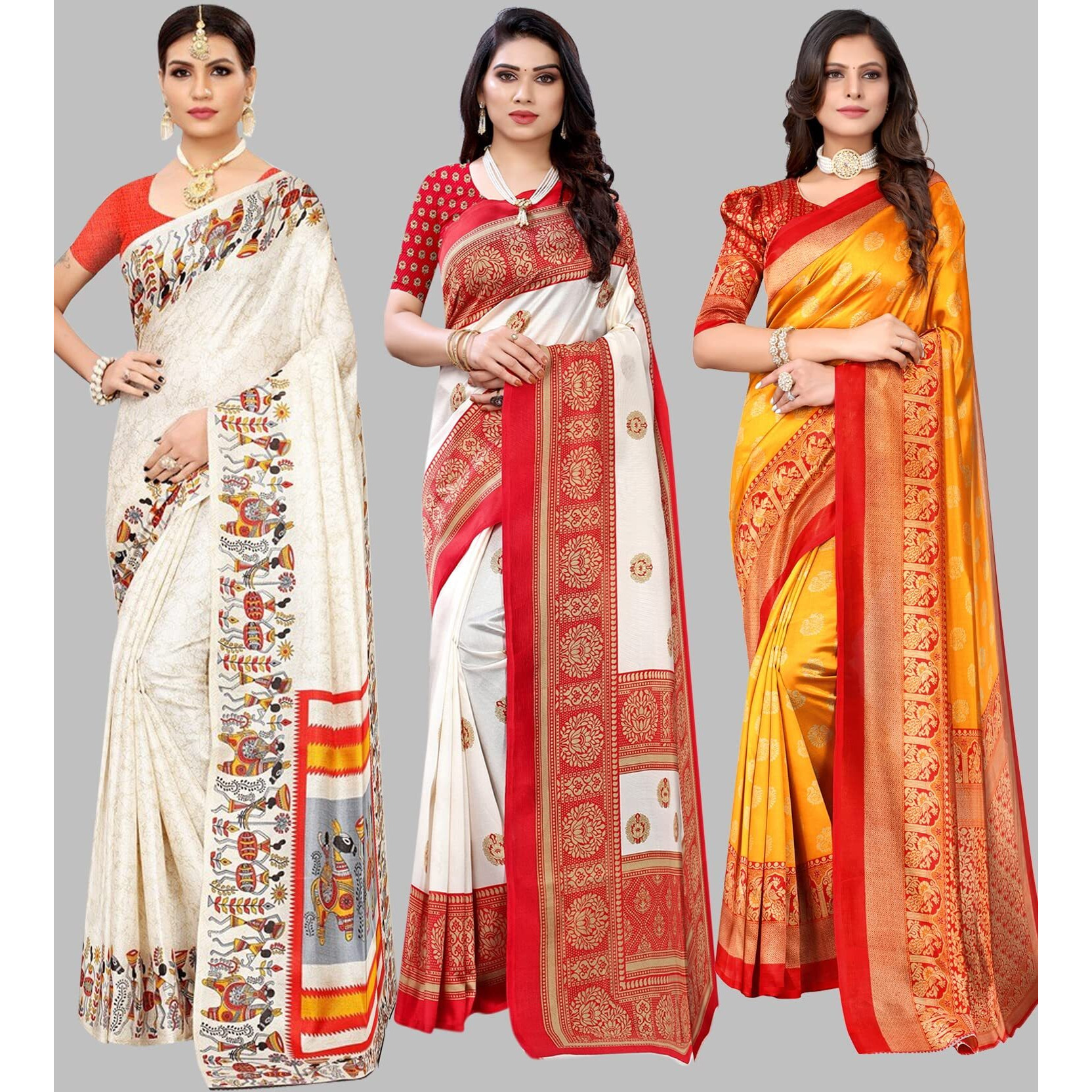 Yashika Women's Combo Art Silk Saree With Blouse Piece - Pack Of 3(VIVO ORANGE-AAMRAPALI RED-MINALI MUSTARD)