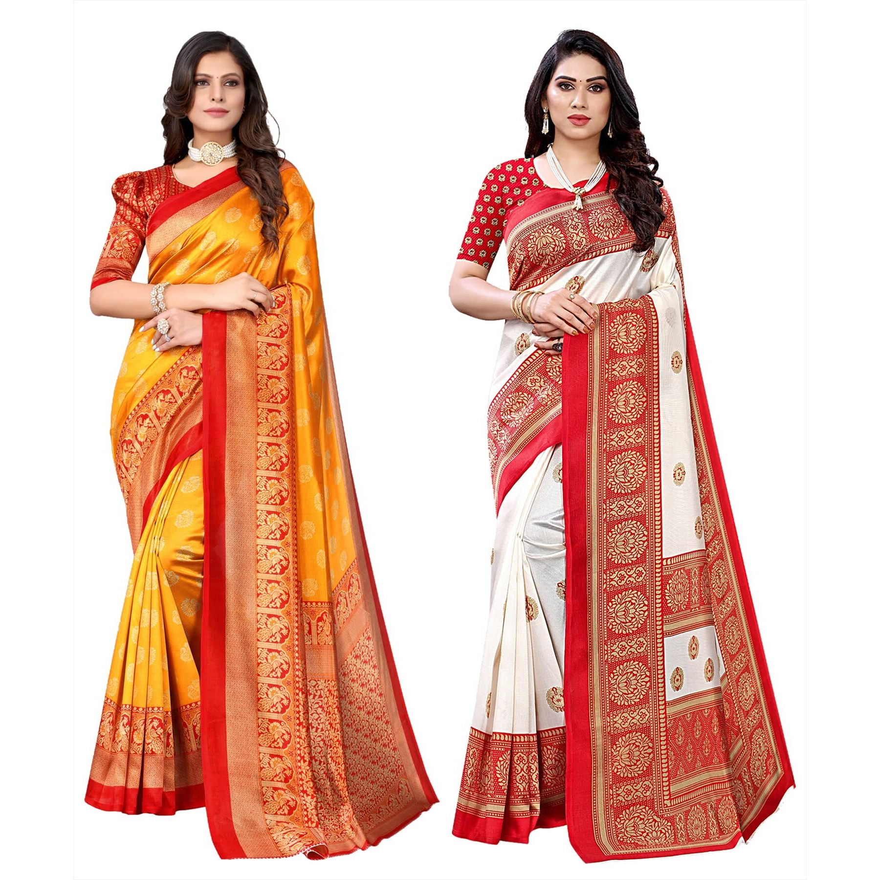 Yashika Women's Combo Art Silk Printed Saree With Blouse Piece Pack Of 2(MINALI MUSTARD-AAMRAPALI RED)