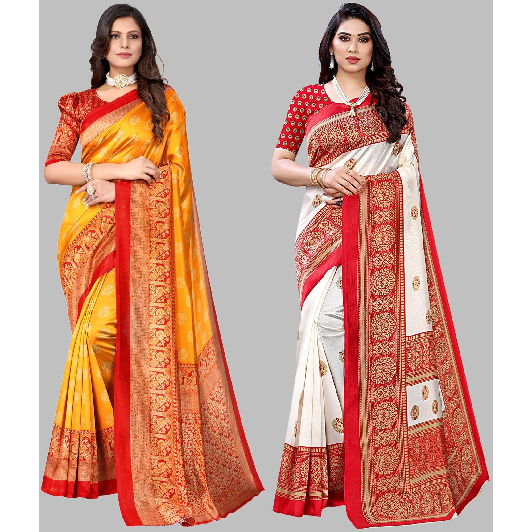 Yashika Women's Combo Art Silk Printed Saree With Blouse Piece Pack Of 2(MINALI MUSTARD-AAMRAPALI RED)