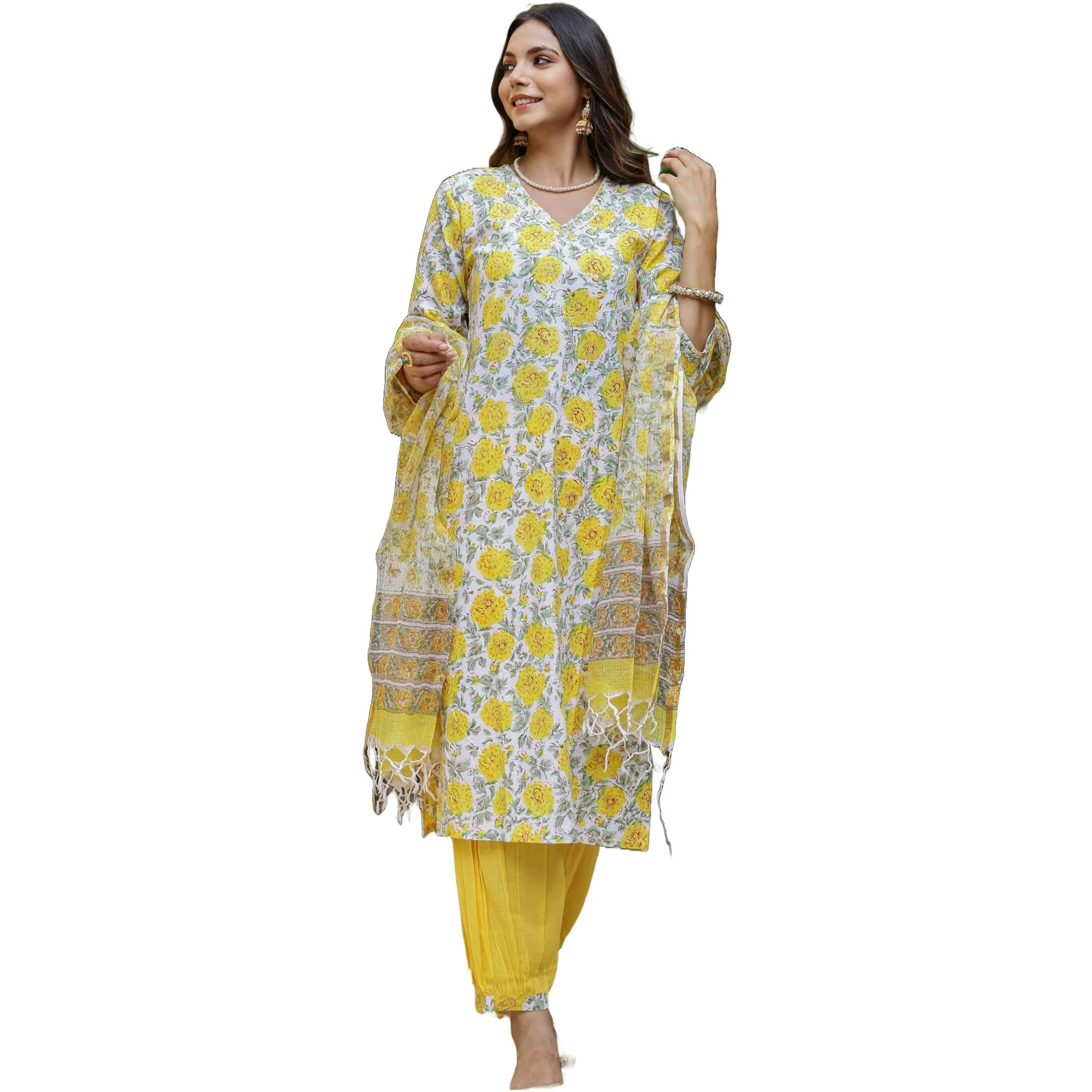 Yashika Women's Floral Regular Kurta Fashion That Echoes Tradition Make a Style Statement with Our Cotton Blend Kurti Pant Dupatta Sets (AZ-YS-OG-KS2139-Parent_Yellow_S)