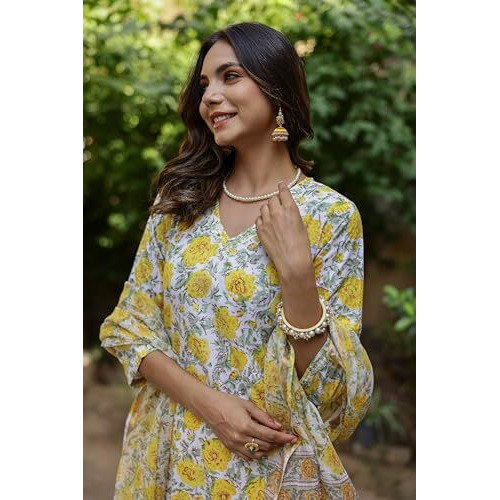 Yashika Women's Floral Regular Kurta Fashion That Echoes Tradition Make a Style Statement with Our Cotton Blend Kurti Pant Dupatta Sets (AZ-YS-OG-KS2139-Parent_Yellow_S)
