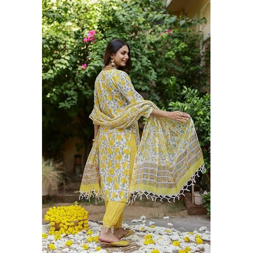 Yashika Women's Floral Regular Kurta Fashion That Echoes Tradition Make a Style Statement with Our Cotton Blend Kurti Pant Dupatta Sets (AZ-YS-OG-KS2139-Parent_Yellow_S)